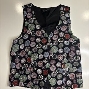 Vintage Nicole Miller 100% Silk Plate Themed Novelty Bar Vest Size L Waistcoat